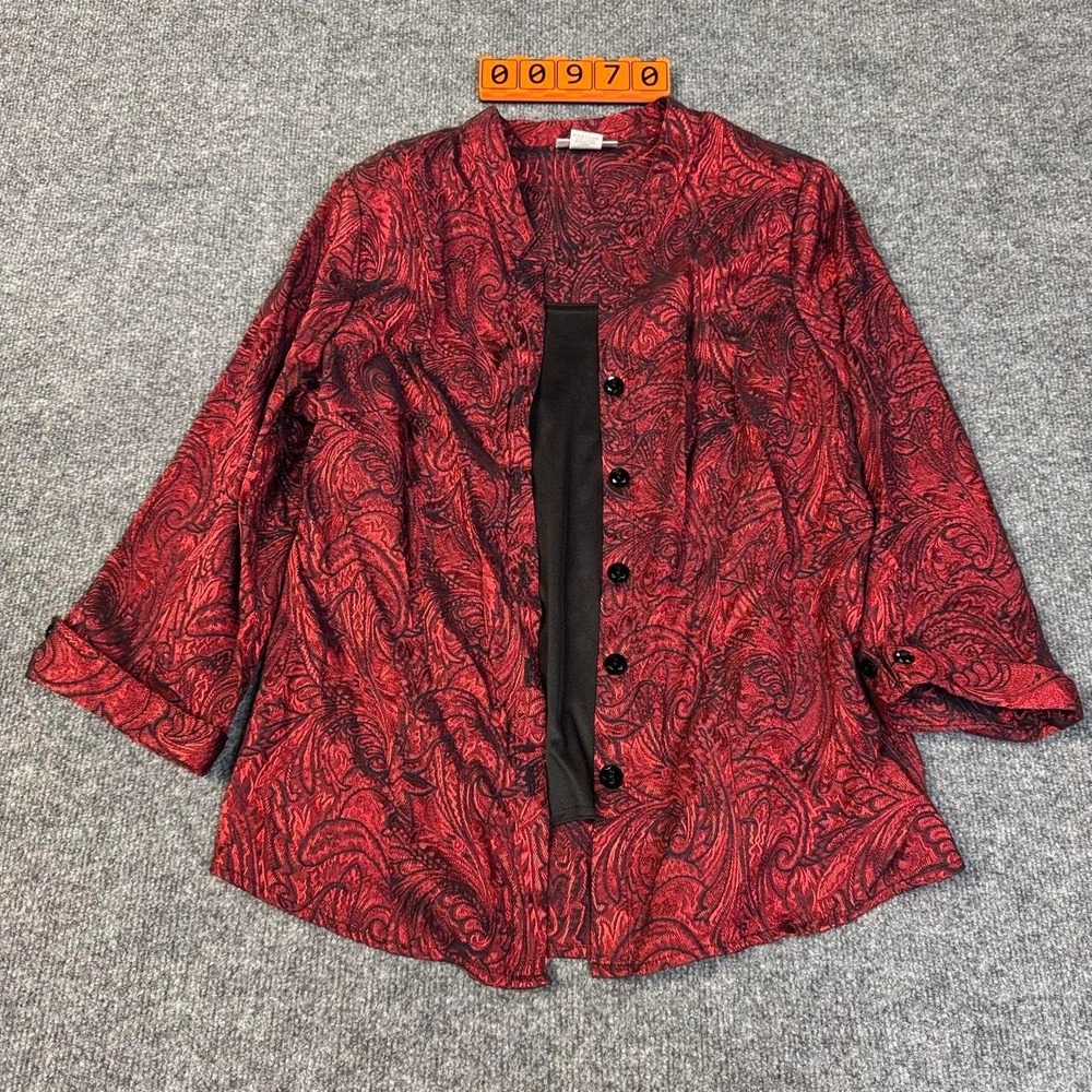Coral Bay Red & black paisley button-up blouse with black undershirt. Large